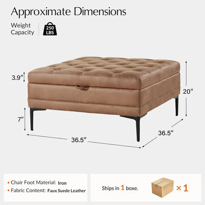 Faux Leather Coffee Table, 36.5" Square Storage Ottoman