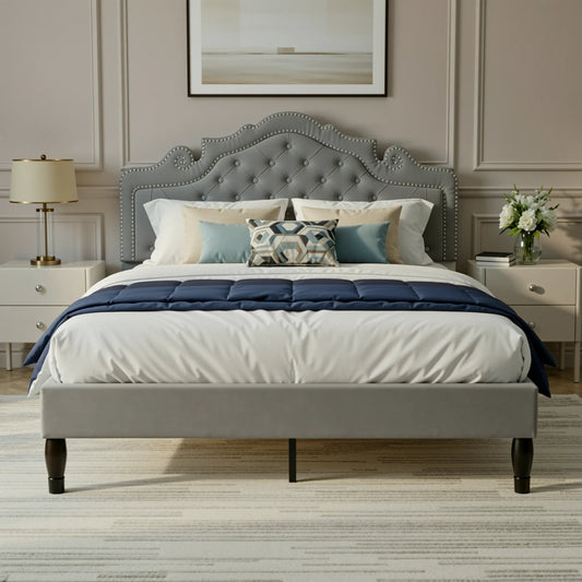 Full/Queen/King Size Velvet Bed Frame with Adjustable Tiara Headboard