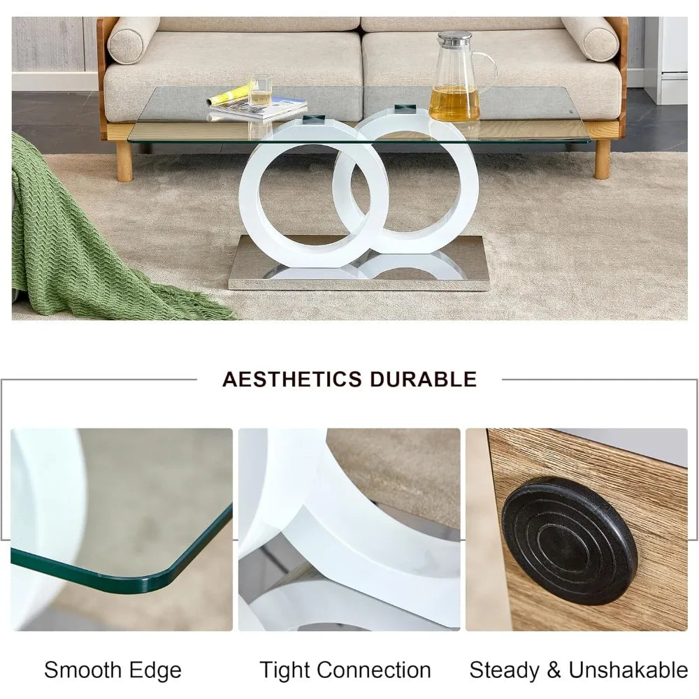 Glass Coffee Table, 47'' Modern Double MDF Leg and Silver Metal Bases