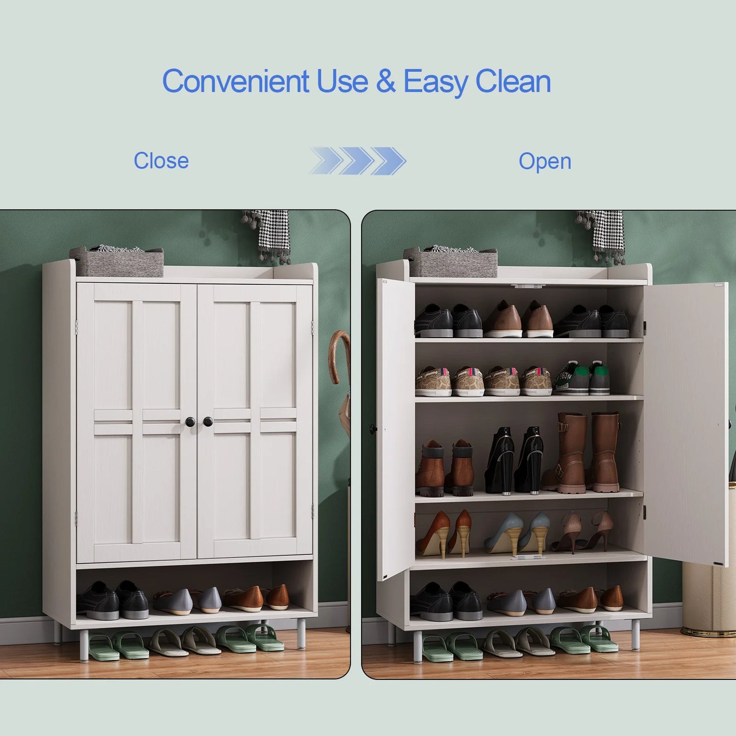 45'' Shoe Cabinet Storage for Entryway, 6-Tier Farmhouse Shoe Storage Cabinet with Cross Molding Doors and 3 Adjustable Shelves
