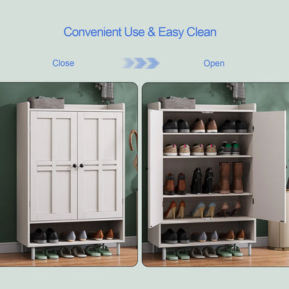 45'' Shoe Cabinet Storage for Entryway, 6-Tier Farmhouse Shoe Storage Cabinet with Cross Molding Doors and 3 Adjustable Shelves