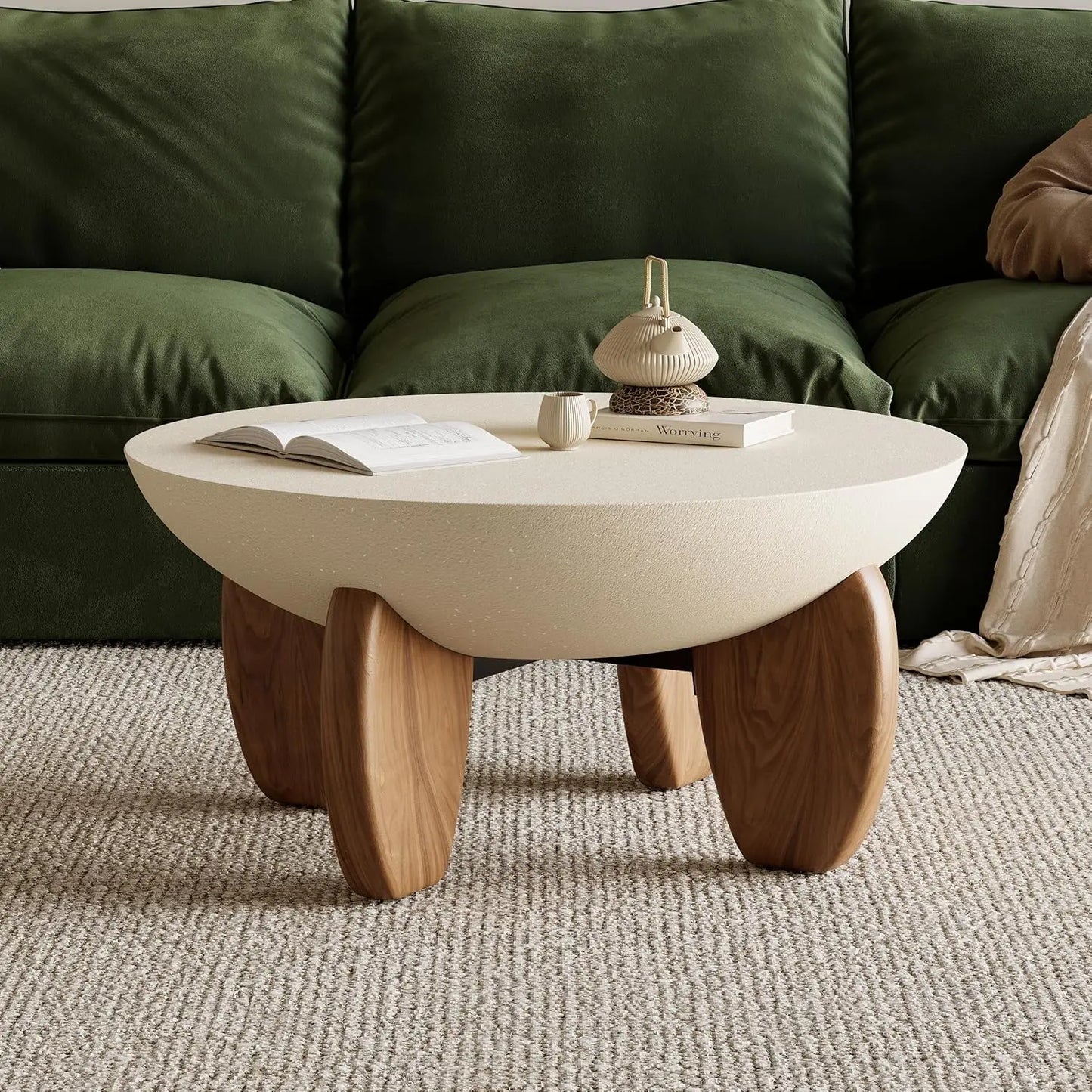 Round Concrete Coffee Table with Premium Walnut Ash Wood Legs