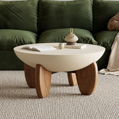 Round Concrete Coffee Table with Premium Walnut Ash Wood Legs