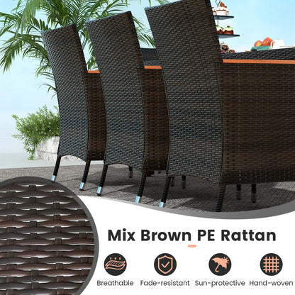 9PCS Patio Wicker Dining Set, Acacia Wood Table Top