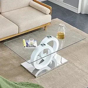 Glass Coffee Table, 47'' Modern Double MDF Leg and Silver Metal Bases