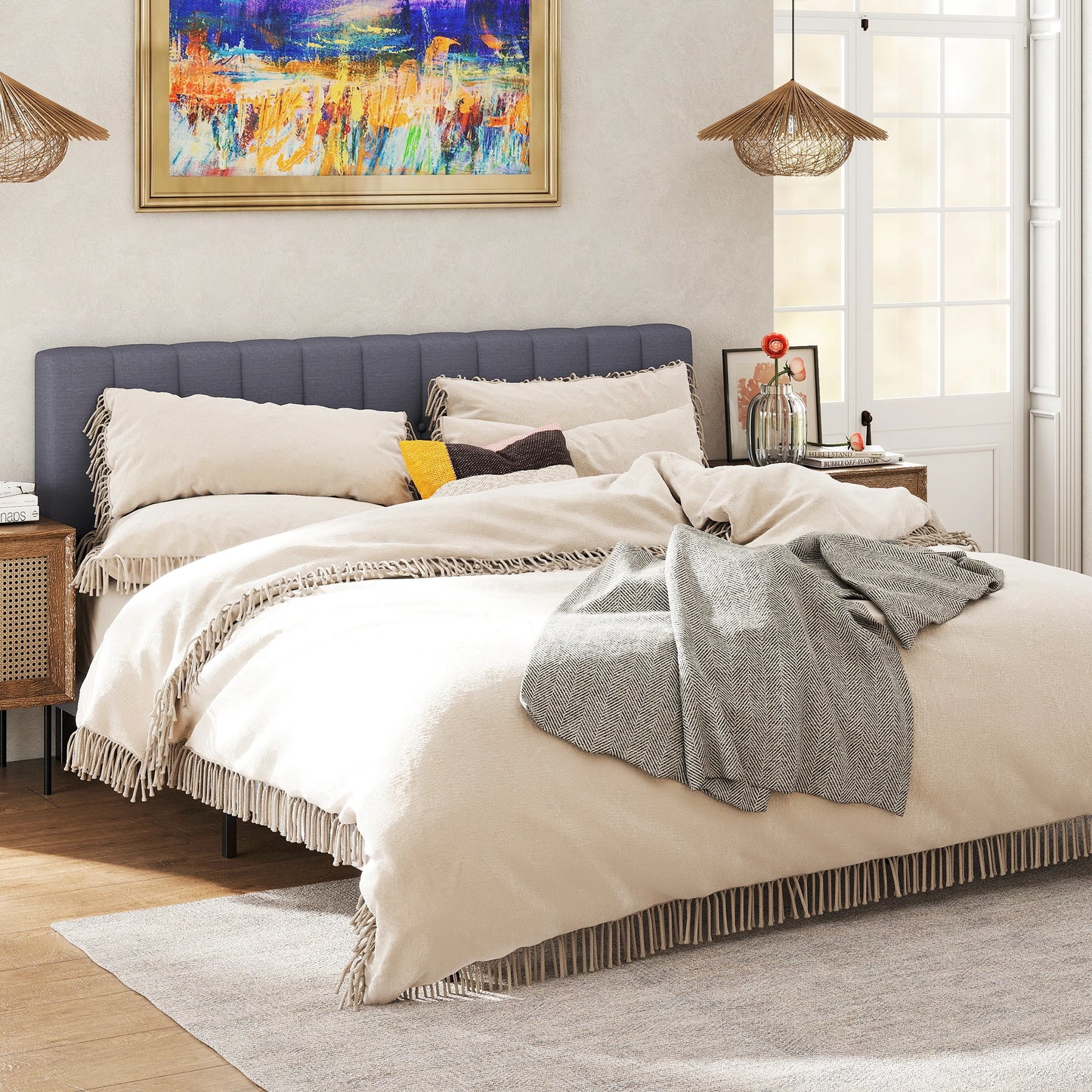 Wooden Solid Bed Frame with Fabric Upholstered