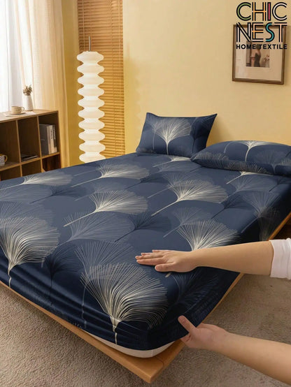 Navy Blue Ginkgo Leaf Print Fitted Sheet Set