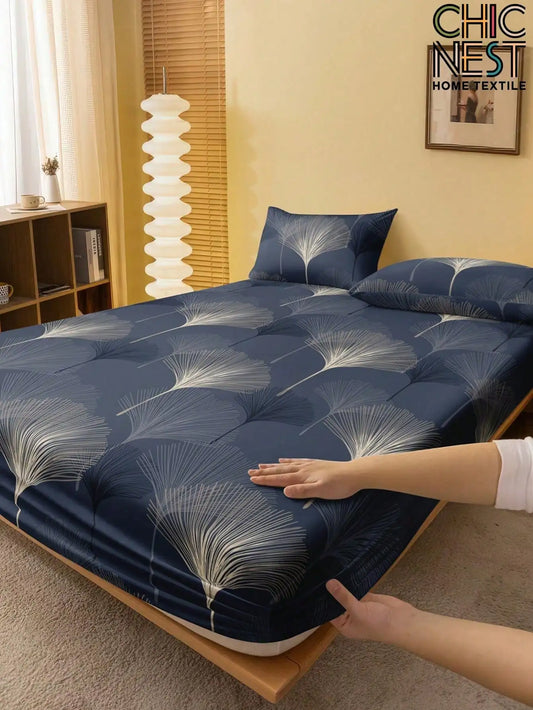 Navy Blue Ginkgo Leaf Print Fitted Sheet Set