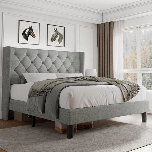 Full Size Platform Bed Frame with Button Tufted Headboard