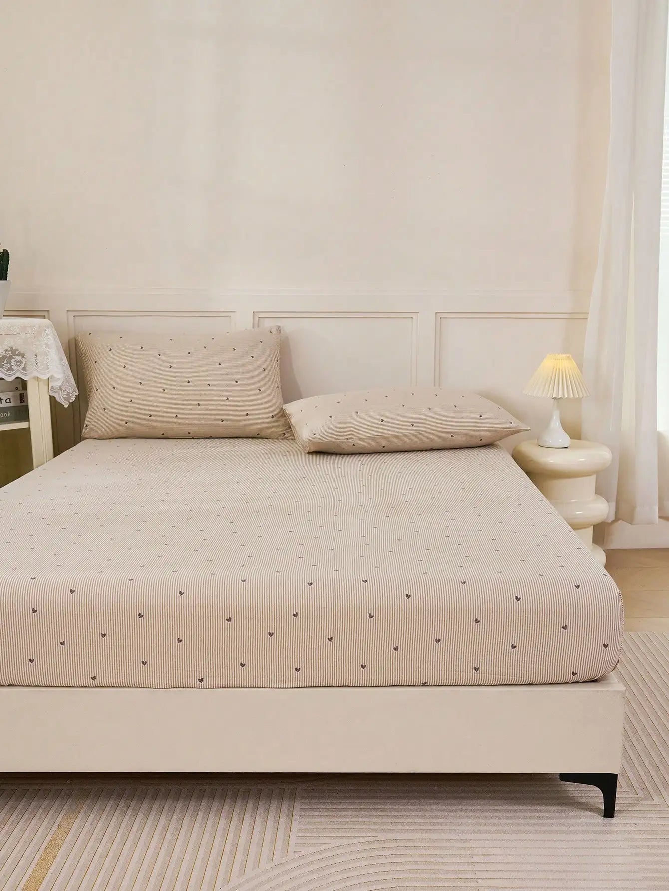 2/3pcs Khaki Striped Heart & Geometric Print Bedding Set