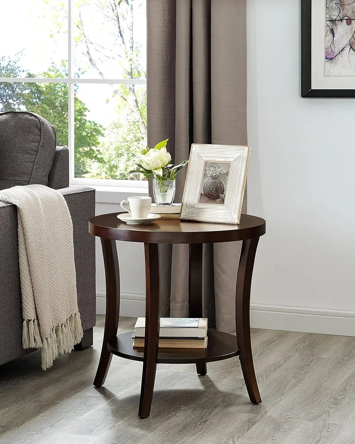 Contemporary Round End Table with Shelf, Espresso