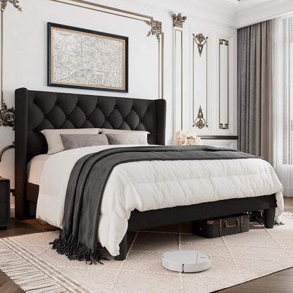 Queen Size Bed Frame with Button Tufted Upholstered Headboard