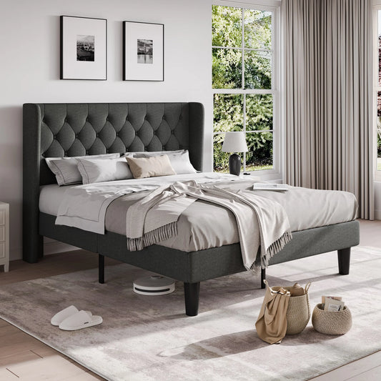Classic Bed Frame with Button Tufted Wingback Headboard