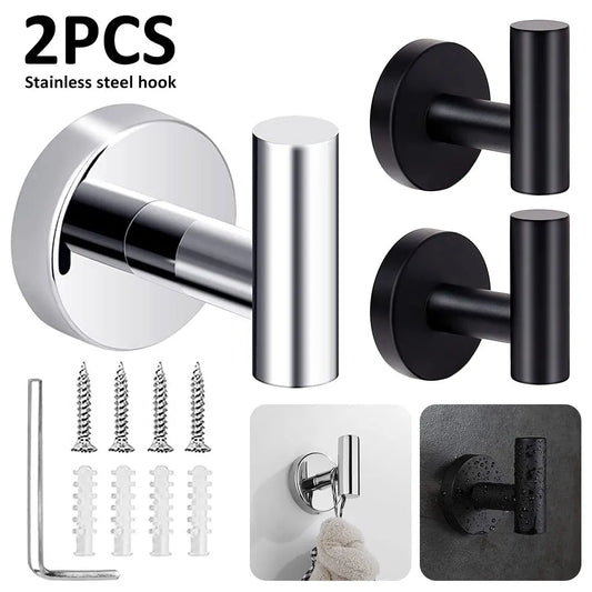 2Pcs Polished Bathroom Towel Hooks Stainless Steel Coat Robe Hook Wall Hanger with Screws Towel Rack Hang Hook for Hotel Kitchen