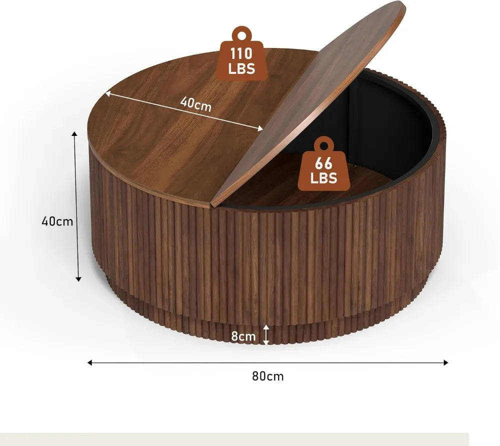 31.5" Round Coffee Table, Modern Fluted Base Wooden