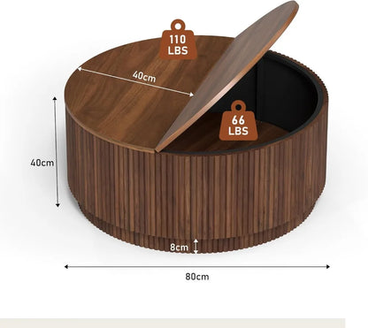 31.5" Round Coffee Table, Modern Fluted Base Wooden