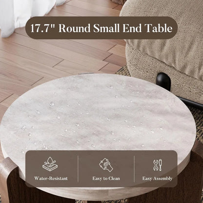 Modern Round Coffee Table & Side Table Set, Faux Marble Top, Walnut  Legs,
