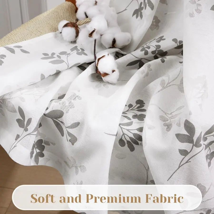 Semi Sheer Curtains, White and Grey Printed Leaves Floral