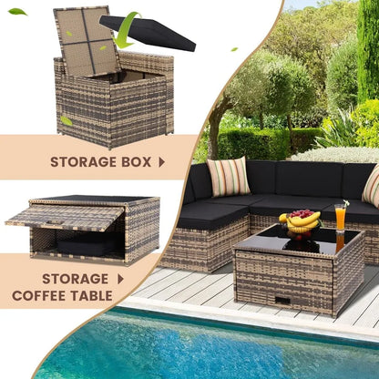 8 Piece Outdoor Wicker Patio Furniture Sectional Set, Glass Top Table