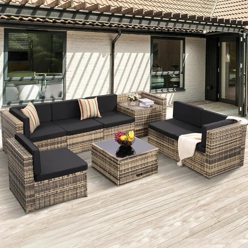 8 Piece Outdoor Wicker Patio Furniture Sectional Set, Glass Top Table