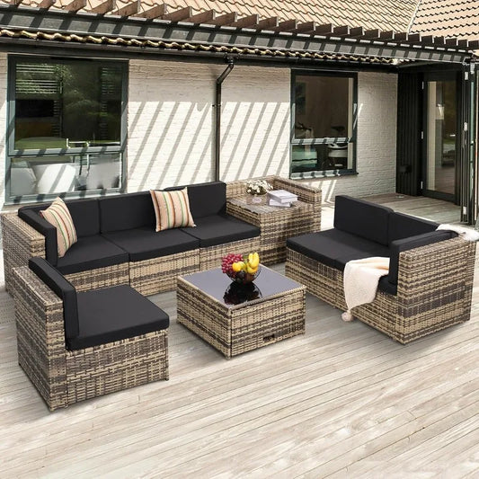8 Piece Outdoor Wicker Patio Furniture Sectional Set, Glass Top Table