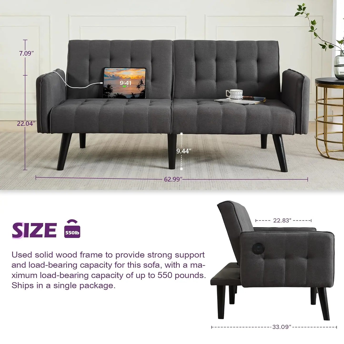 65in Convertible Futon Sofa Bed