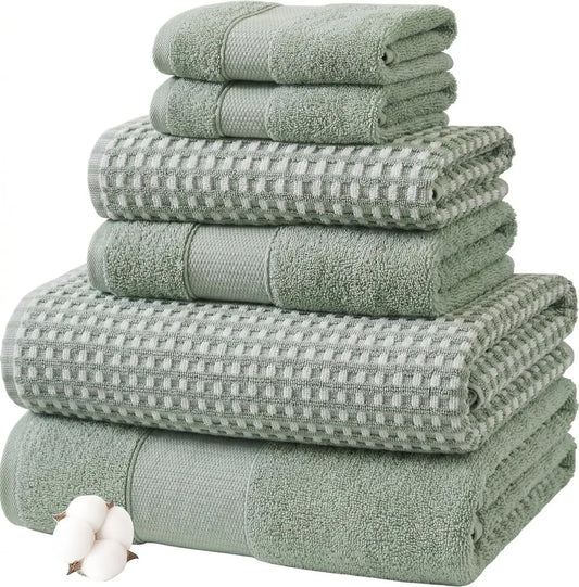 6 Piece Cotton Bath Towel Set Ultra Soft 600 GSM Waffle Deep Sage - Plush Absorbent Oeko-Tex Certified Machine Washable