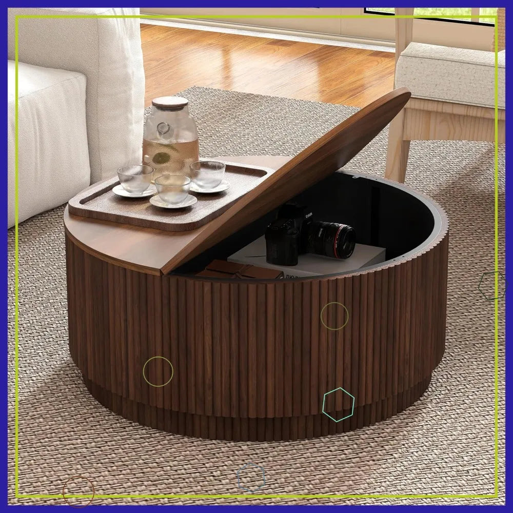 31.5" Round Coffee Table, Modern Fluted Base Wooden