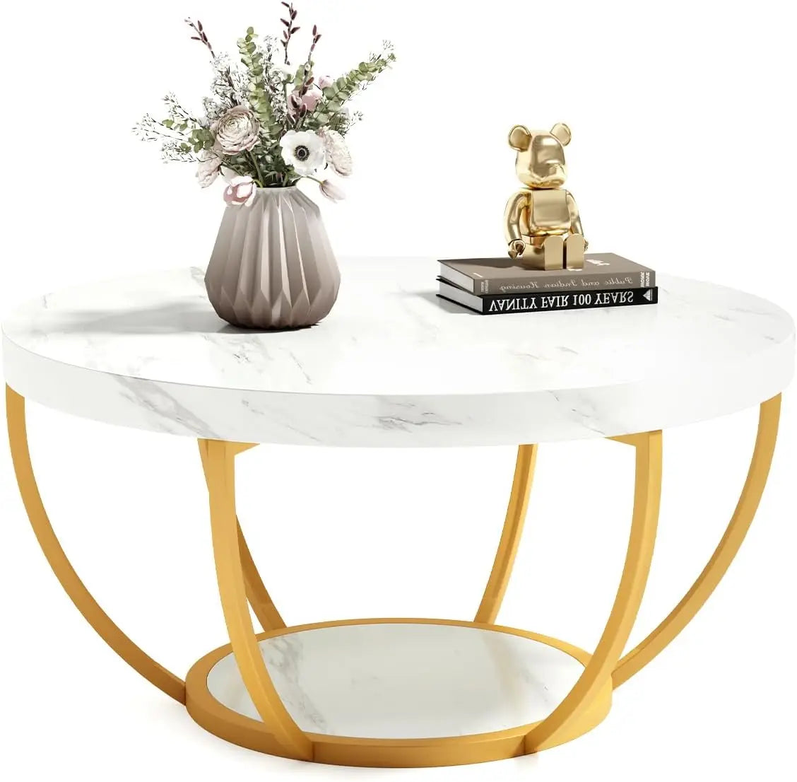 32" Circle Marble Coffee Tables, 2-Tier Golden Metal Legs Accent