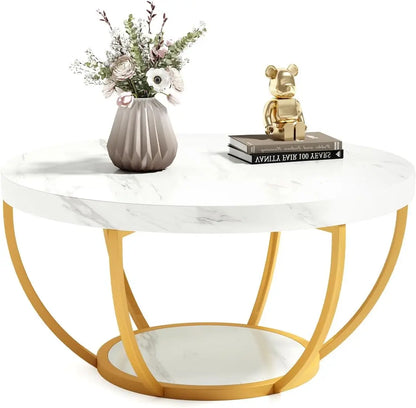 32" Circle Marble Coffee Tables, 2-Tier Golden Metal Legs Accent