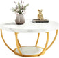 32" Circle Marble Coffee Tables, 2-Tier Golden Metal Legs Accent