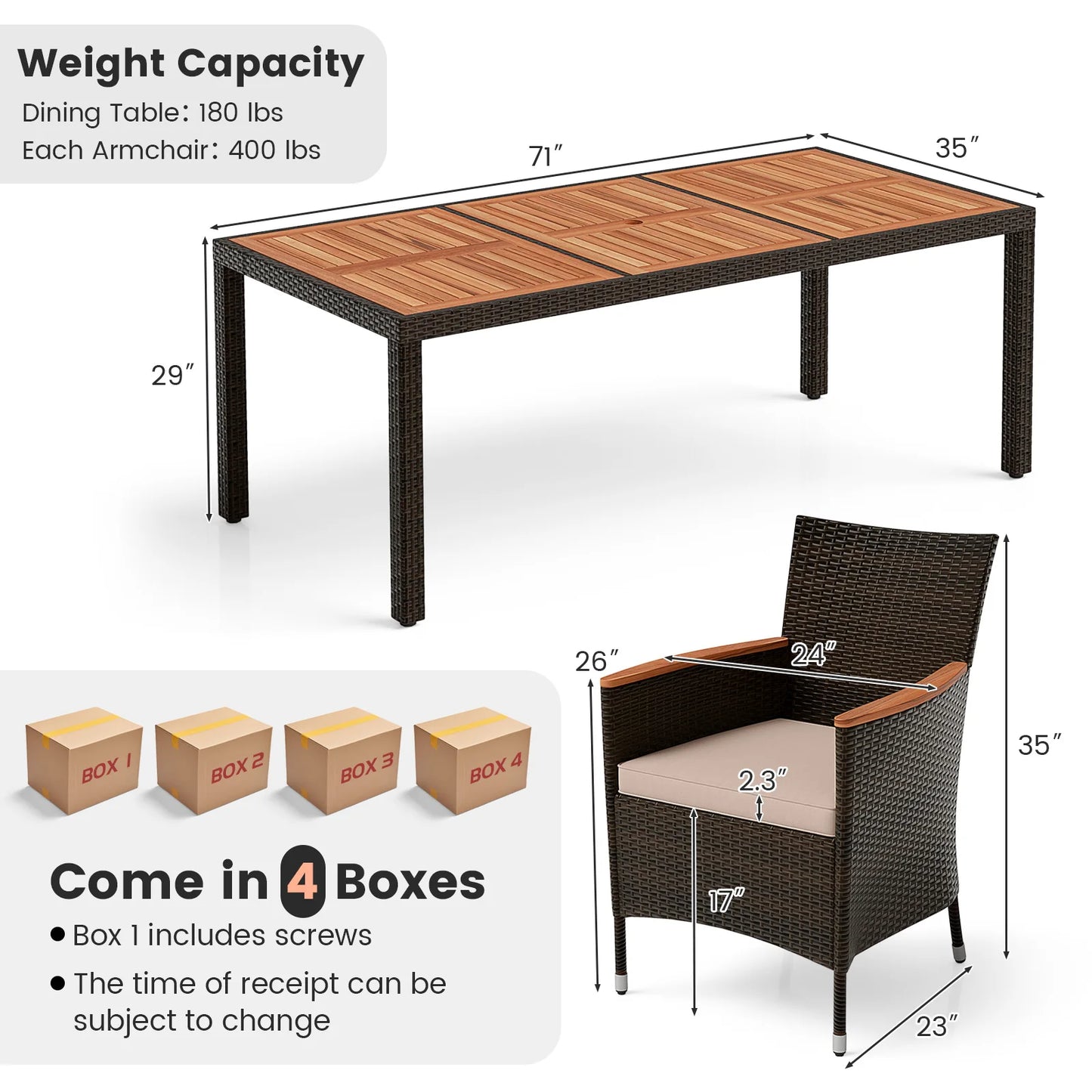 9PCS Patio Wicker Dining Set, Acacia Wood Table Top