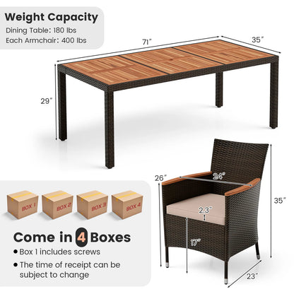 9PCS Patio Wicker Dining Set, Acacia Wood Table Top