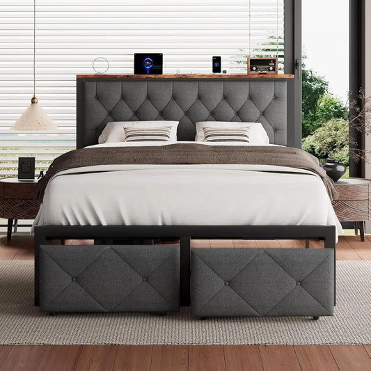 Queen Bed Frame, Linen Upholstered Headboard Platform Bed