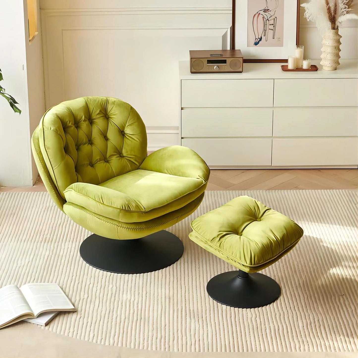 Velvet Swivel Armchair Set with Ottoman, Accent Chair