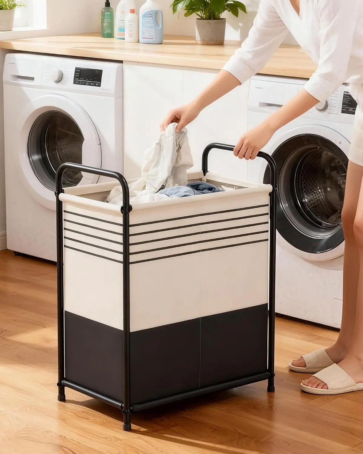 Double-Section Laundry Basket with Lid & Removable Bags, 120L Portable Hamper for Bedroom, Bathroom, Dorm