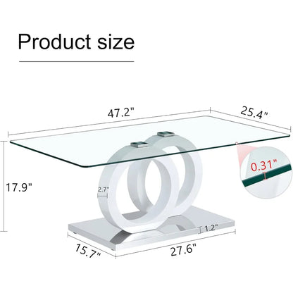 Glass Coffee Table, 47'' Modern Double MDF Leg and Silver Metal Bases