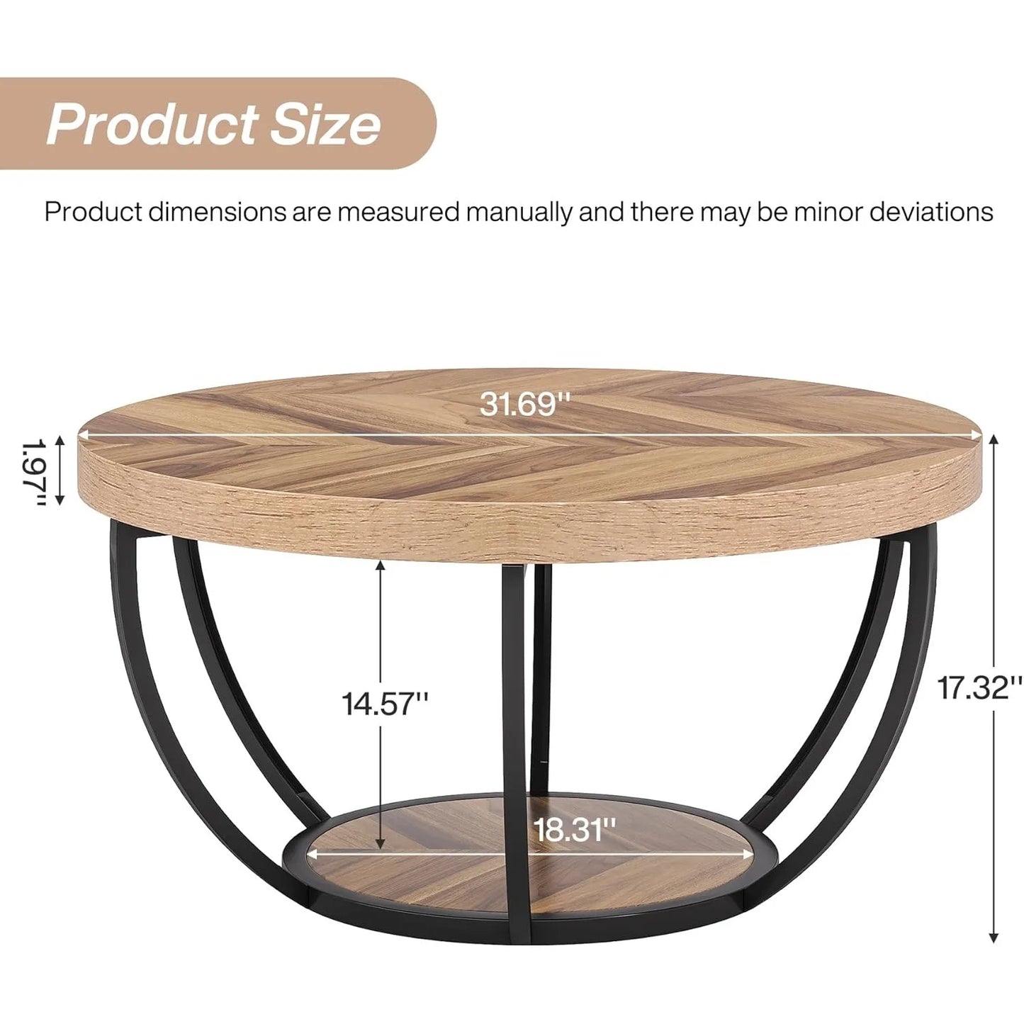 32" Circle Marble Coffee Tables, 2-Tier Golden Metal Legs Accent