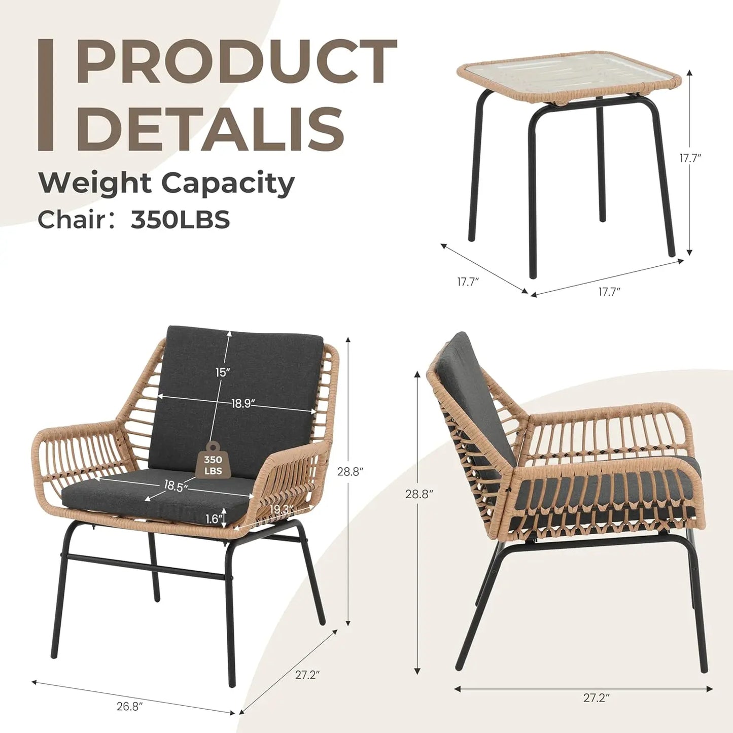 3 Piece Outdoor Patio Furniture Set,  Wicker Chairs with Cushions and Coffee Table,