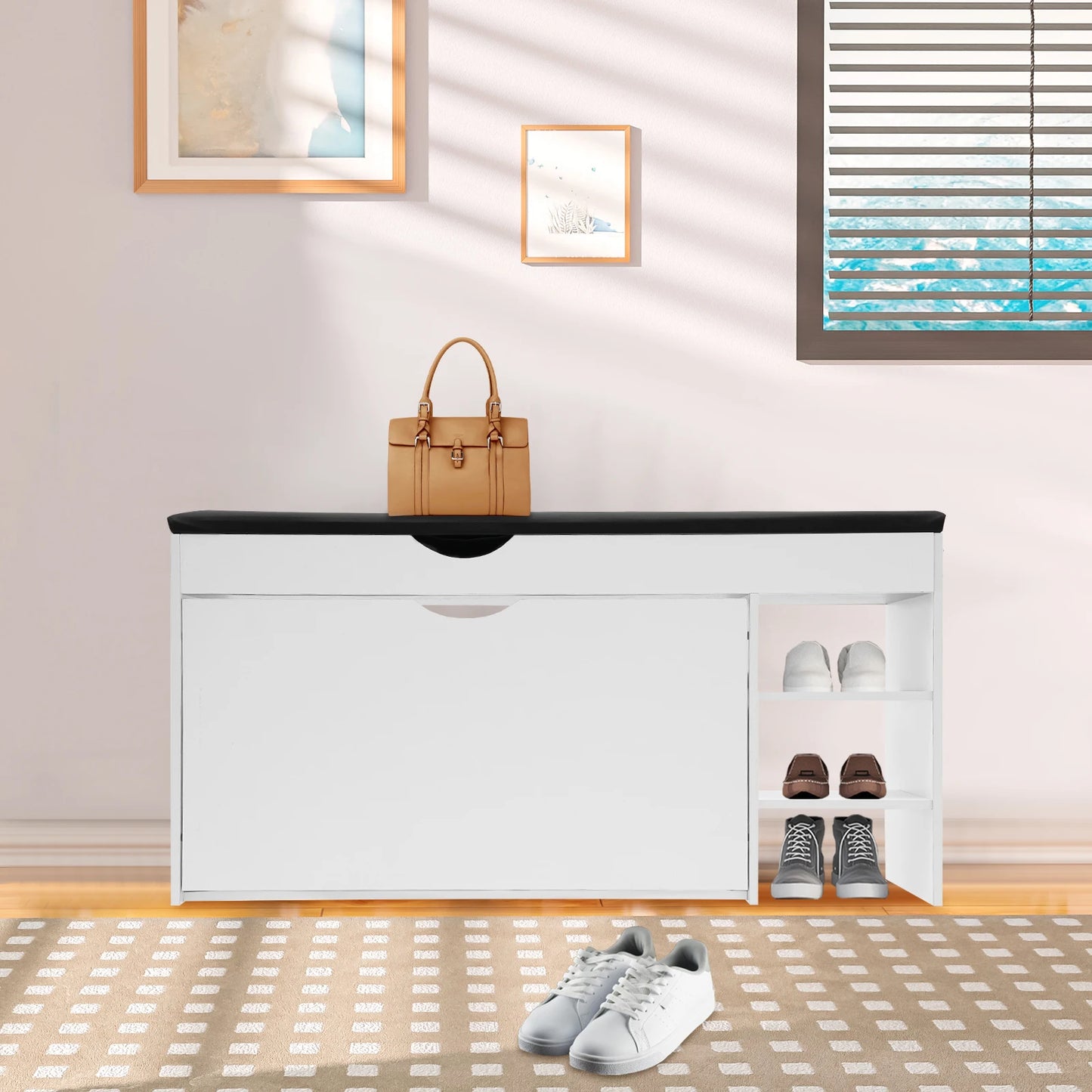 3-Tier Shoe Bench Rack W/Cushioned Seat, for Home Entrance