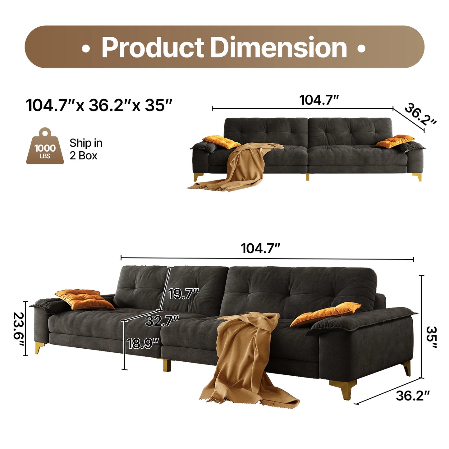 104.7" sectional Couch, mid-Century Modern 4-Seater