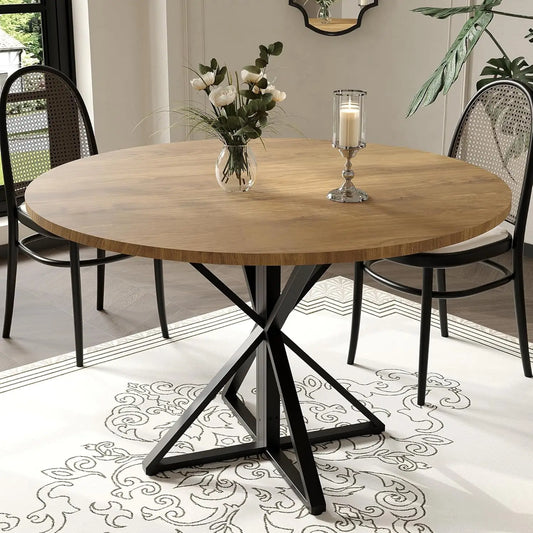 47" Round Dining Table for 4, Wood Top, Metal Pedestal