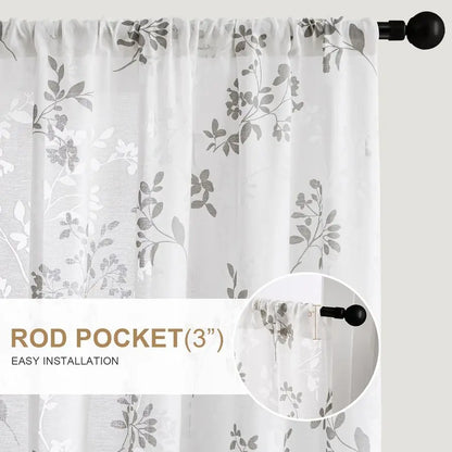 Semi Sheer Curtains, White and Grey Printed Leaves Floral
