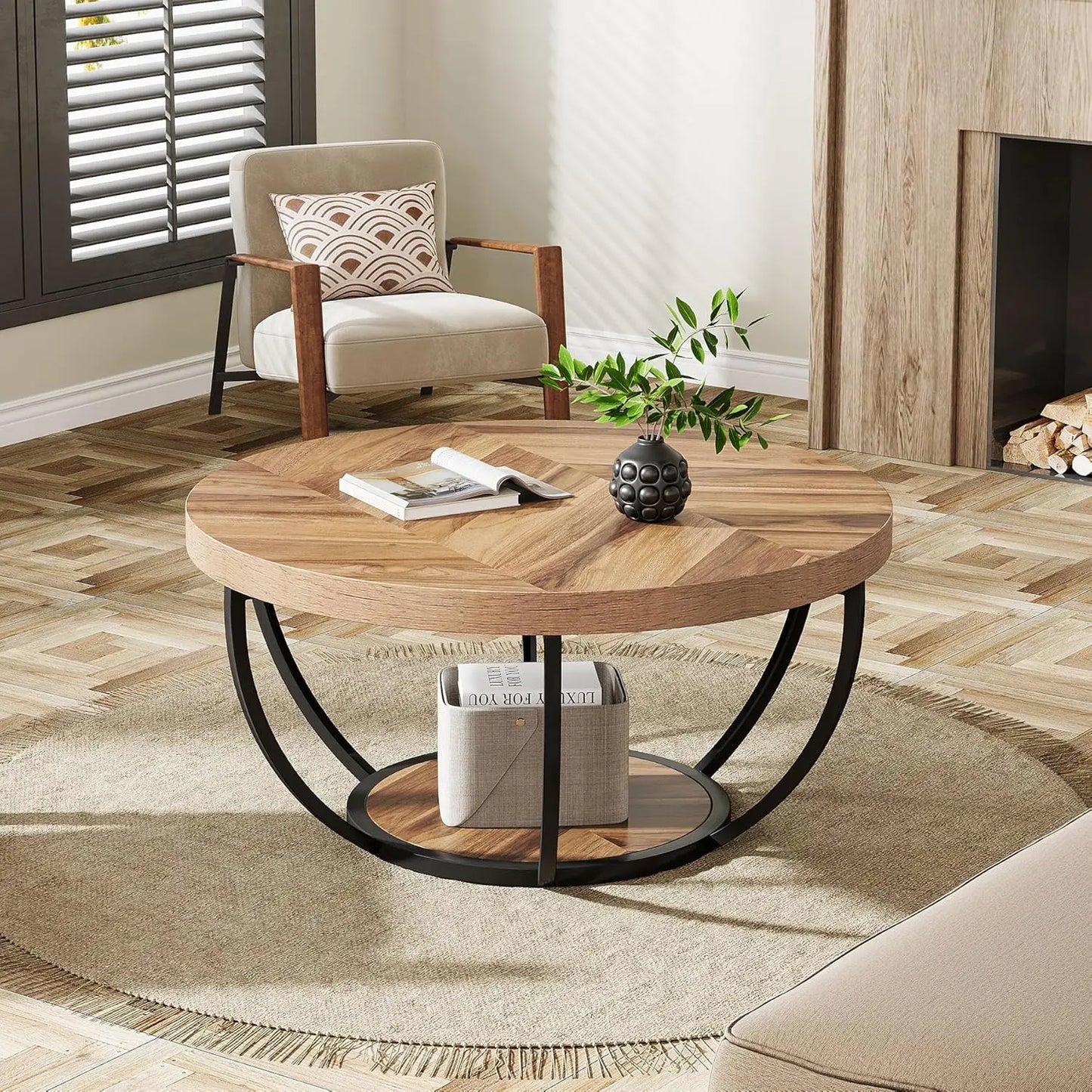 32" Circle Marble Coffee Tables, 2-Tier Golden Metal Legs Accent