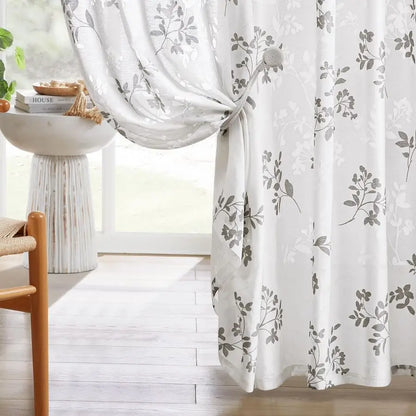 Semi Sheer Curtains, White and Grey Printed Leaves Floral