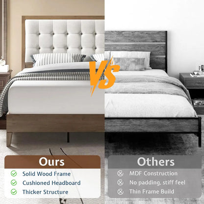Wood Queen Size Bed Frame,Tall Upholstered Tufted Headboard,