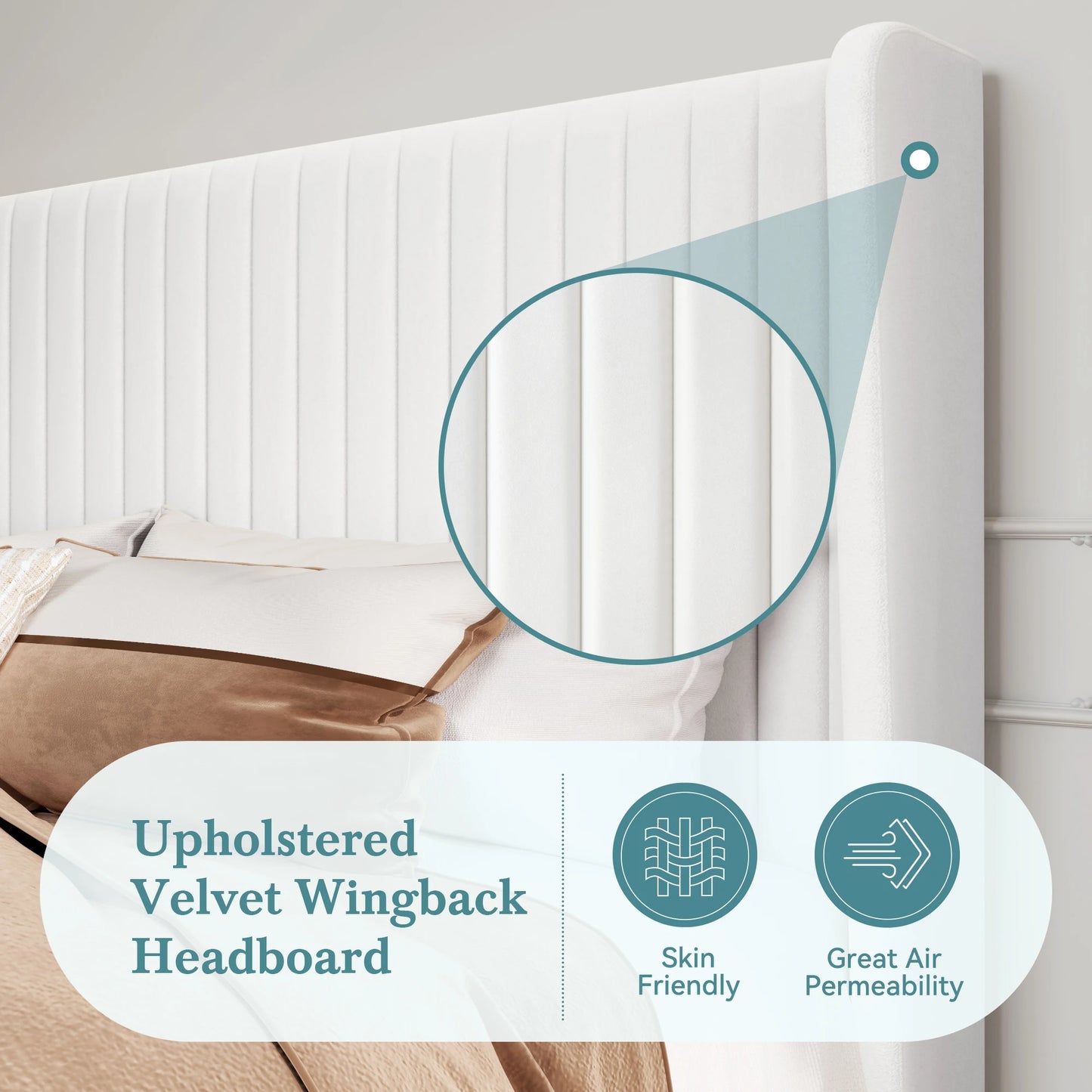 Velvet Upholstered Bed Frame with Vertical Channel Tufted Wingback Headboard