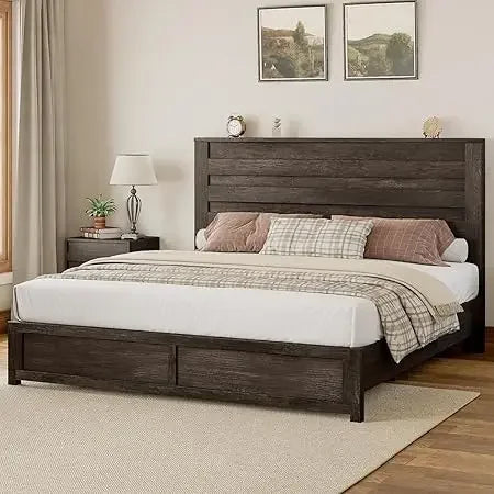 Farmhouse Bed Frame with Headboard, Platform Bed Frame