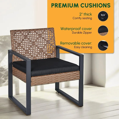 Wicker Patio Furniture, Set of 4, Acacia Wood Table, 2 Rattan Chairs, 1 Loveseat