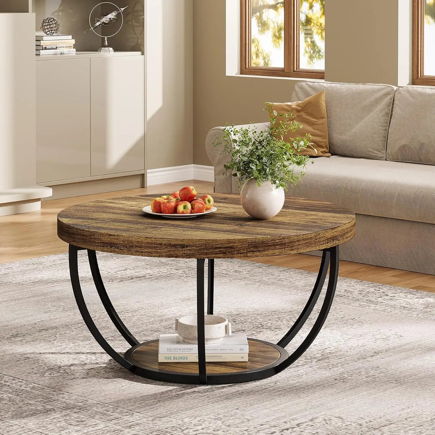 32" Circle Marble Coffee Tables, 2-Tier Golden Metal Legs Accent